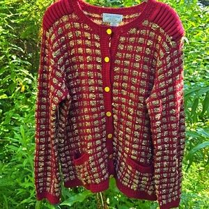 South Cotton Hand Knit Vintage Woven Textured  Knit Cardigan Gold Buttons  L